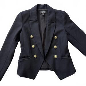Halogen x Atlantic-Pacific Black Double-Breasted Wool blend Blazer Gold Button-0